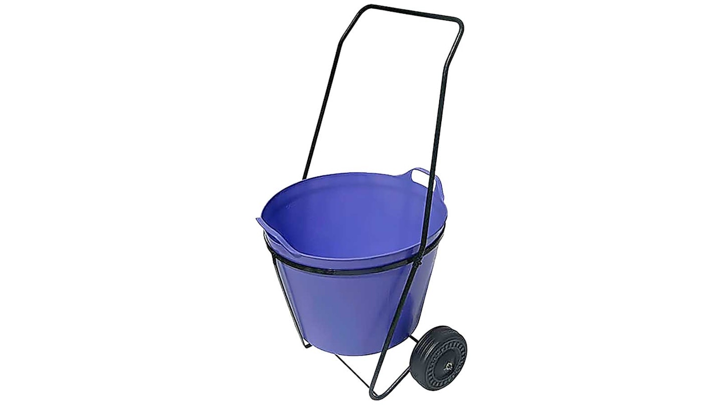 blue garden trug with wheels and long handle