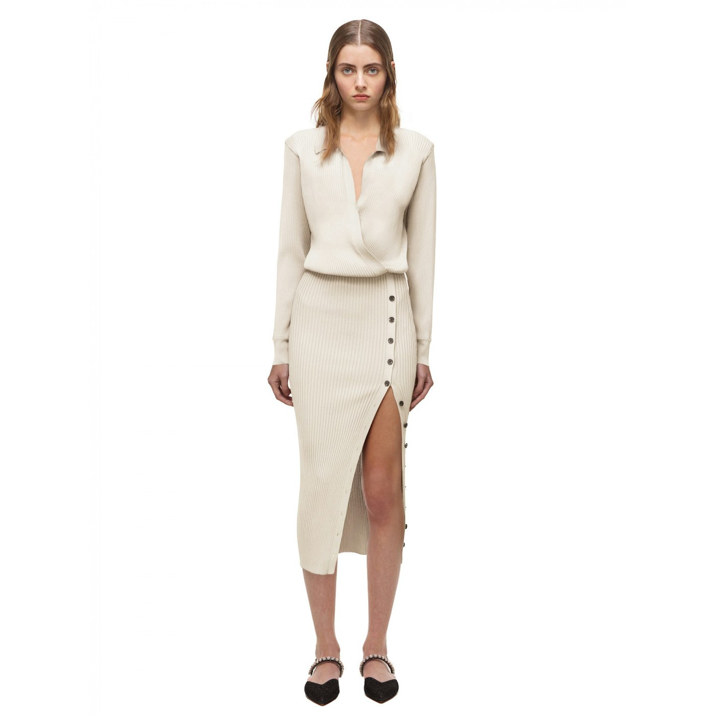 Self Portrait, Cream Ribbed Knit Midi Dress, £350