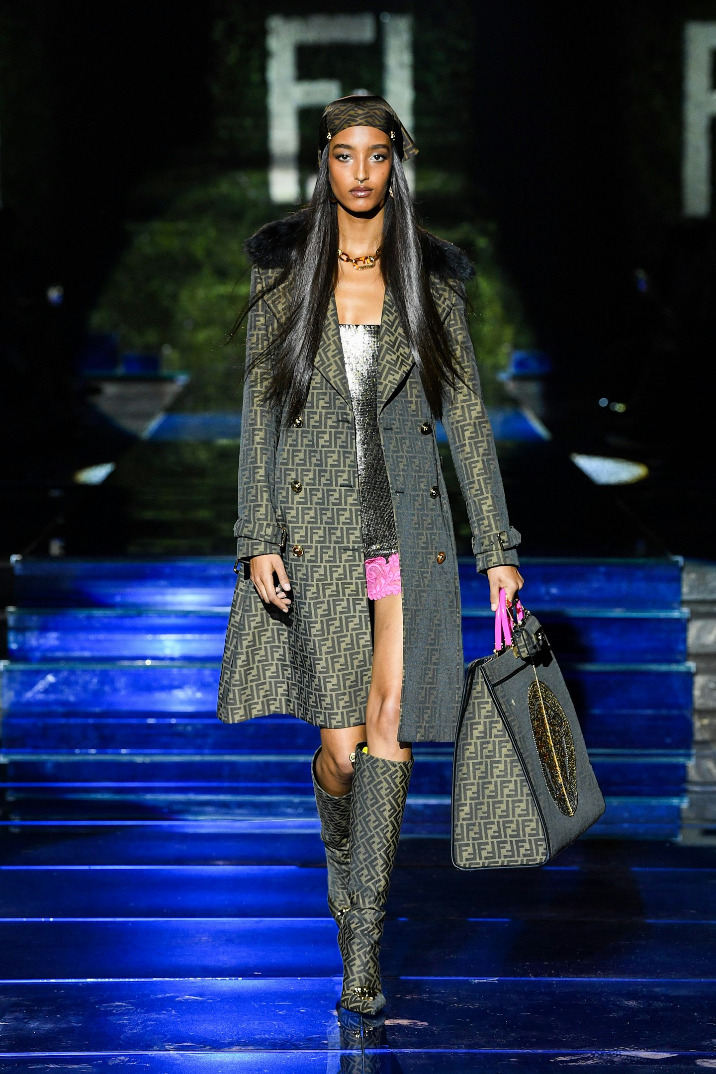 A model on the catwalk at Fendi by Versace