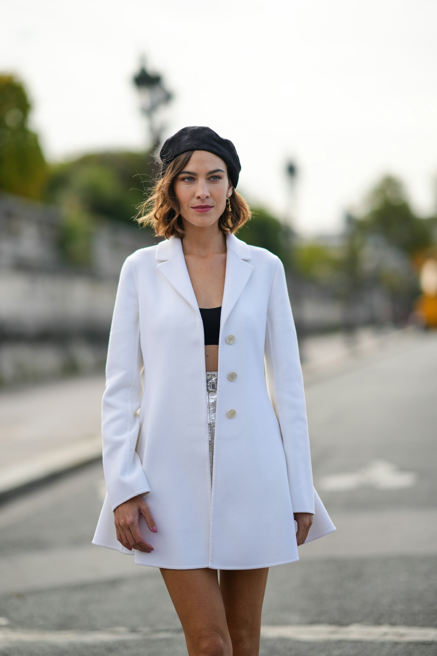 Alexa Chung dressed for the city of lights with a beret and blazer combo