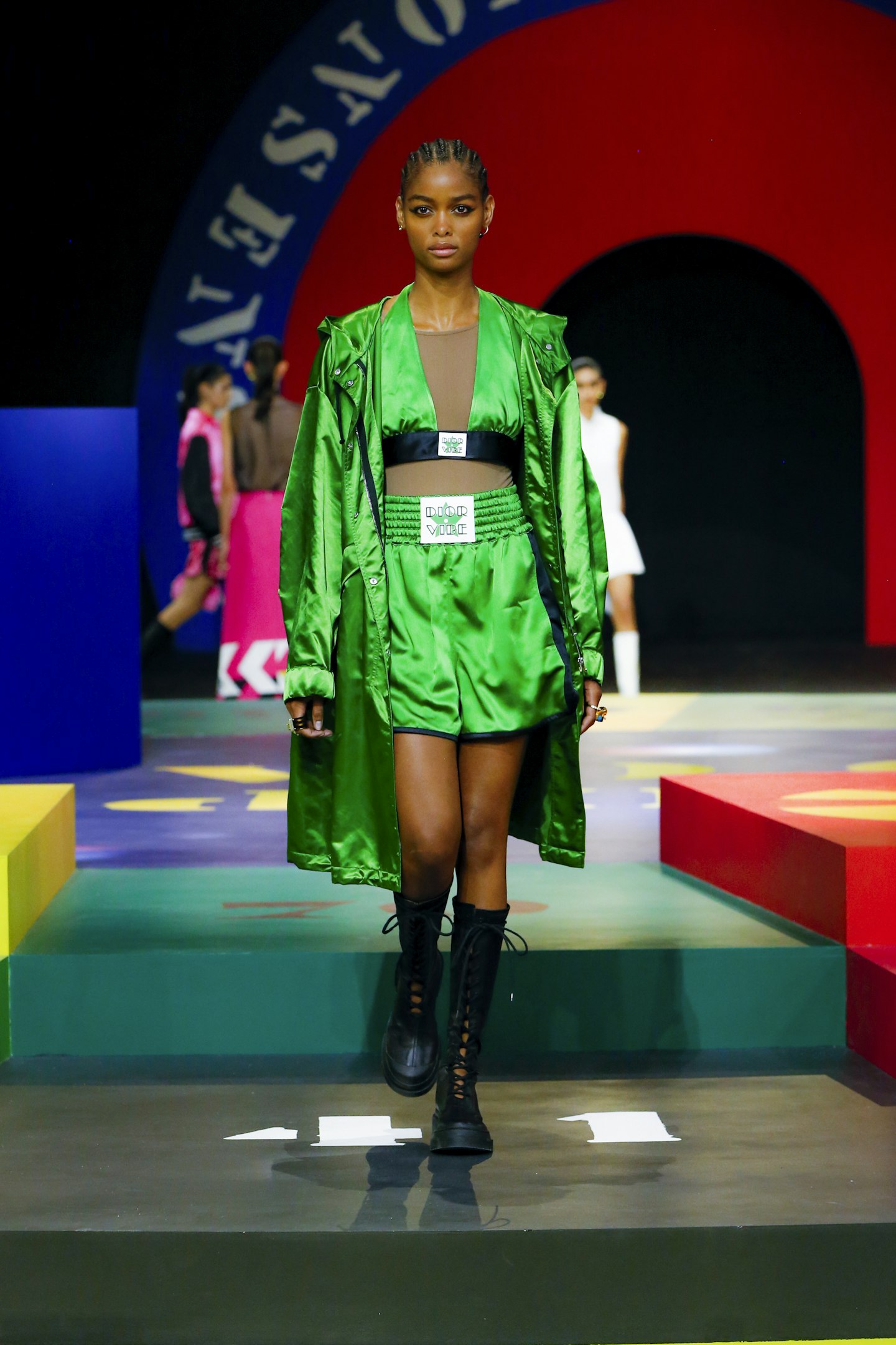A model wearing boxing-style co-ords at Dior