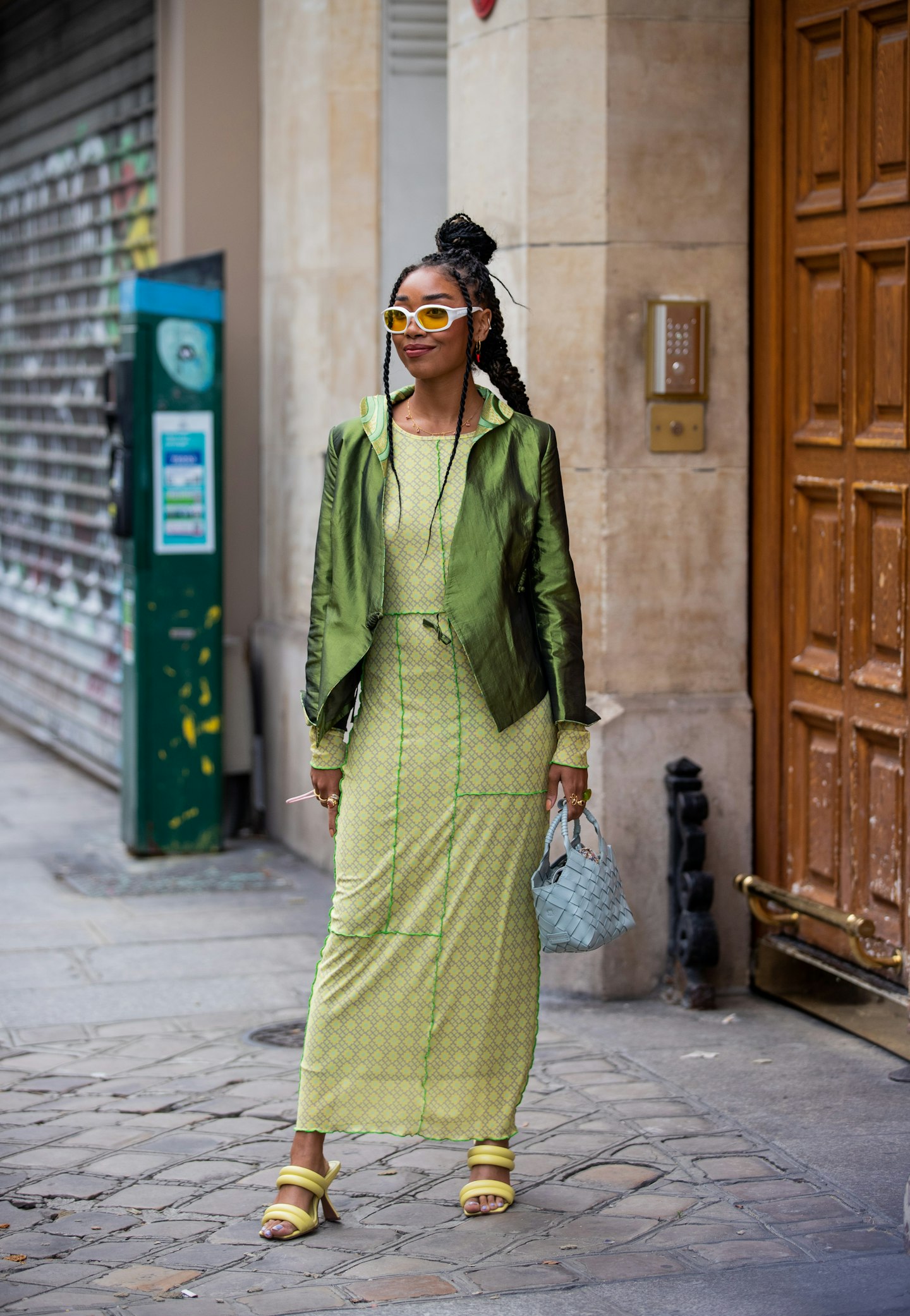 This show-goer wore a spectrum of greens outside Cecilie Bahnsen