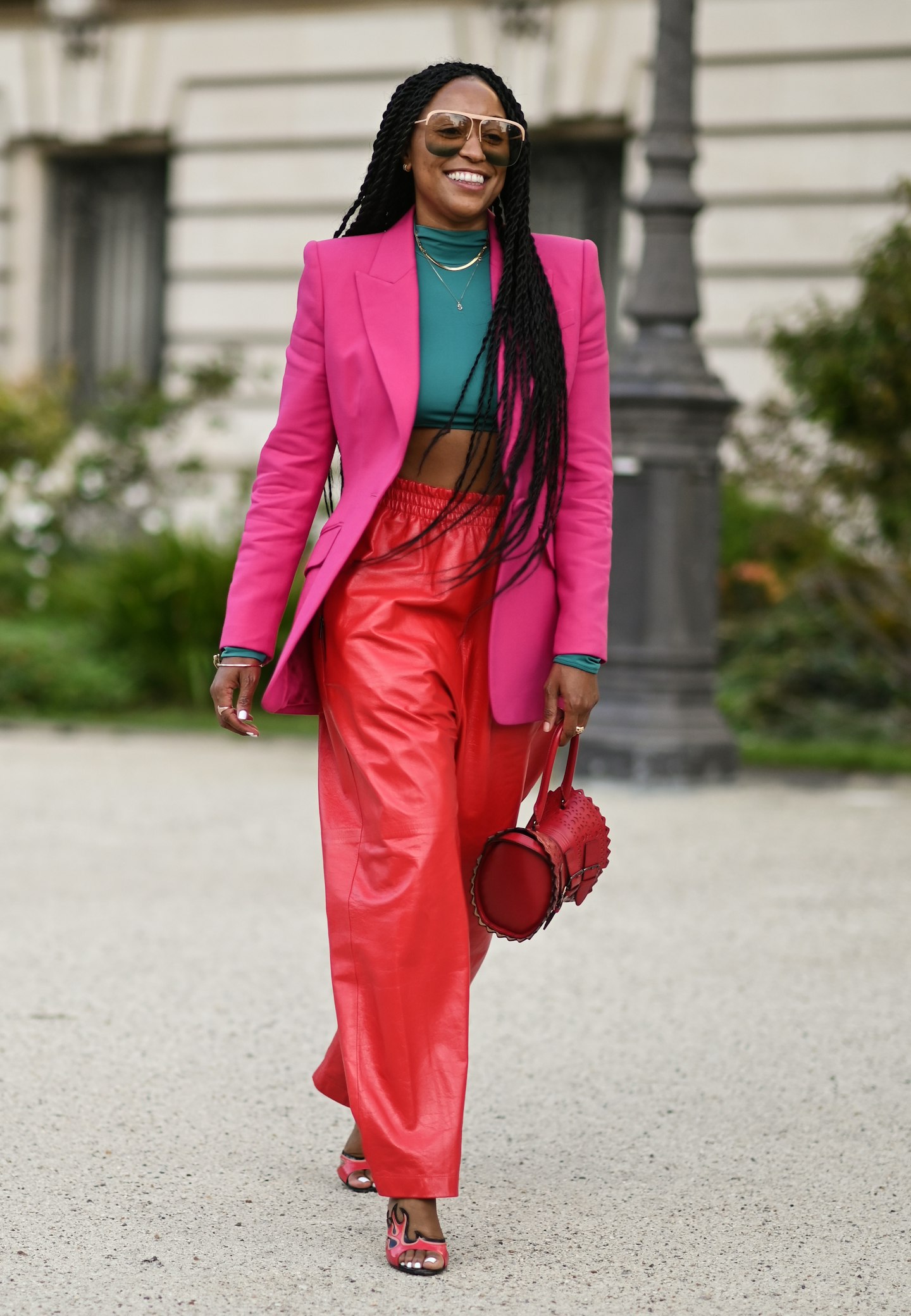 Shiona Turini clashed pink with scarlet with sensational effect outside Rokh