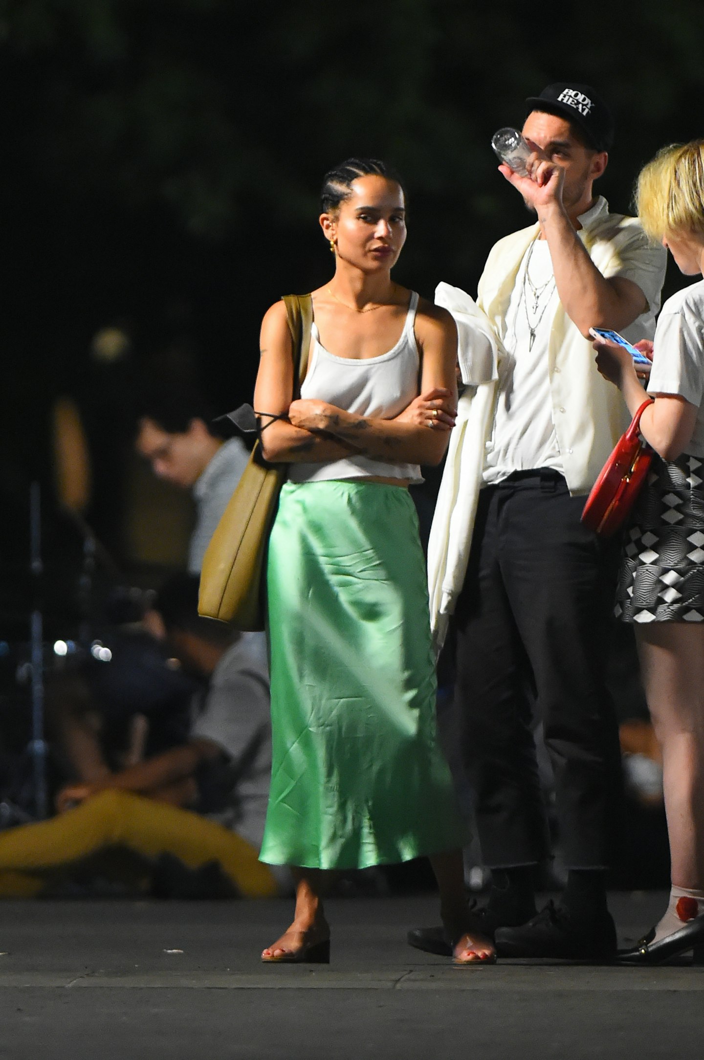 Zoë Kravitz Wearing Green Slip Skirt