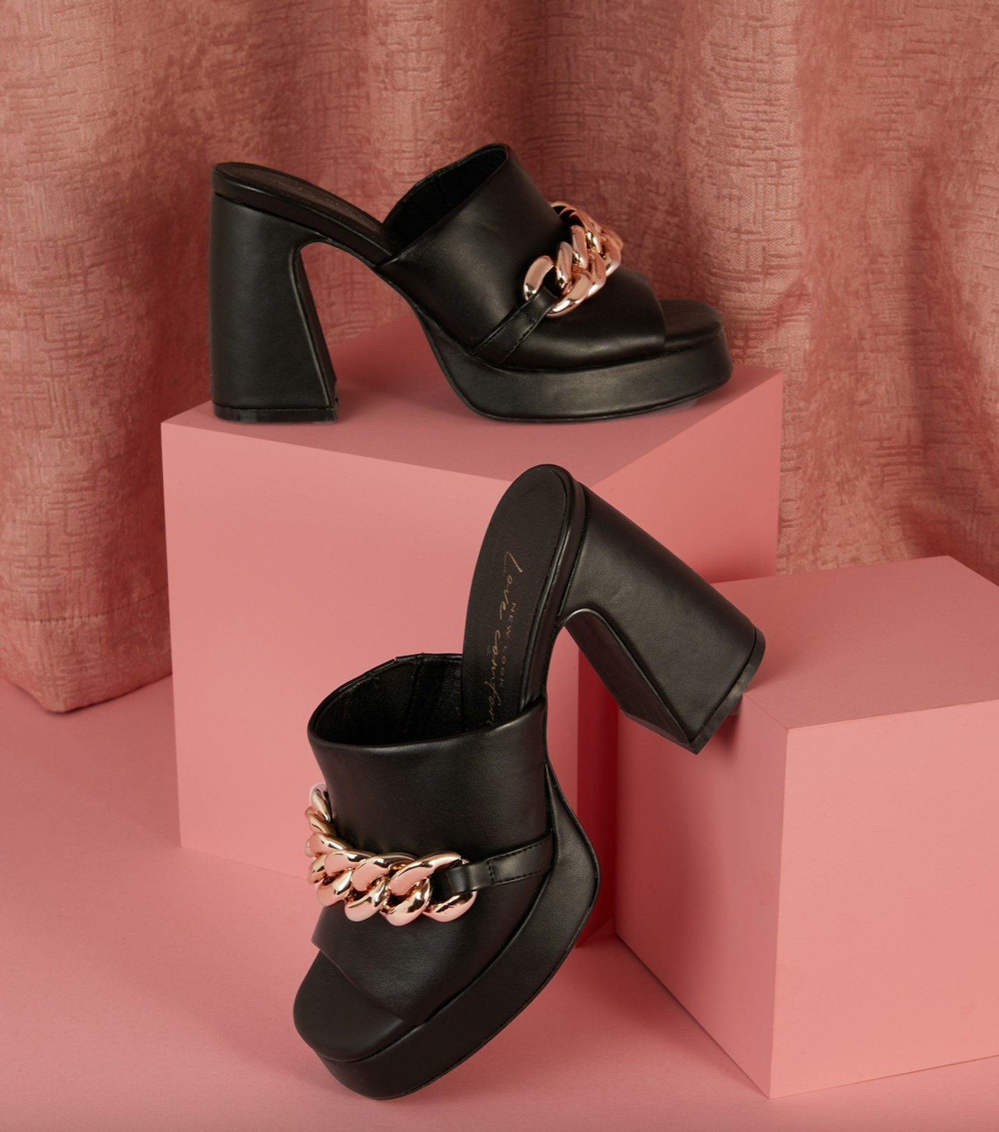Oh a High Black Leather-Look Chain Block Platform Heeled Mules, £32.99