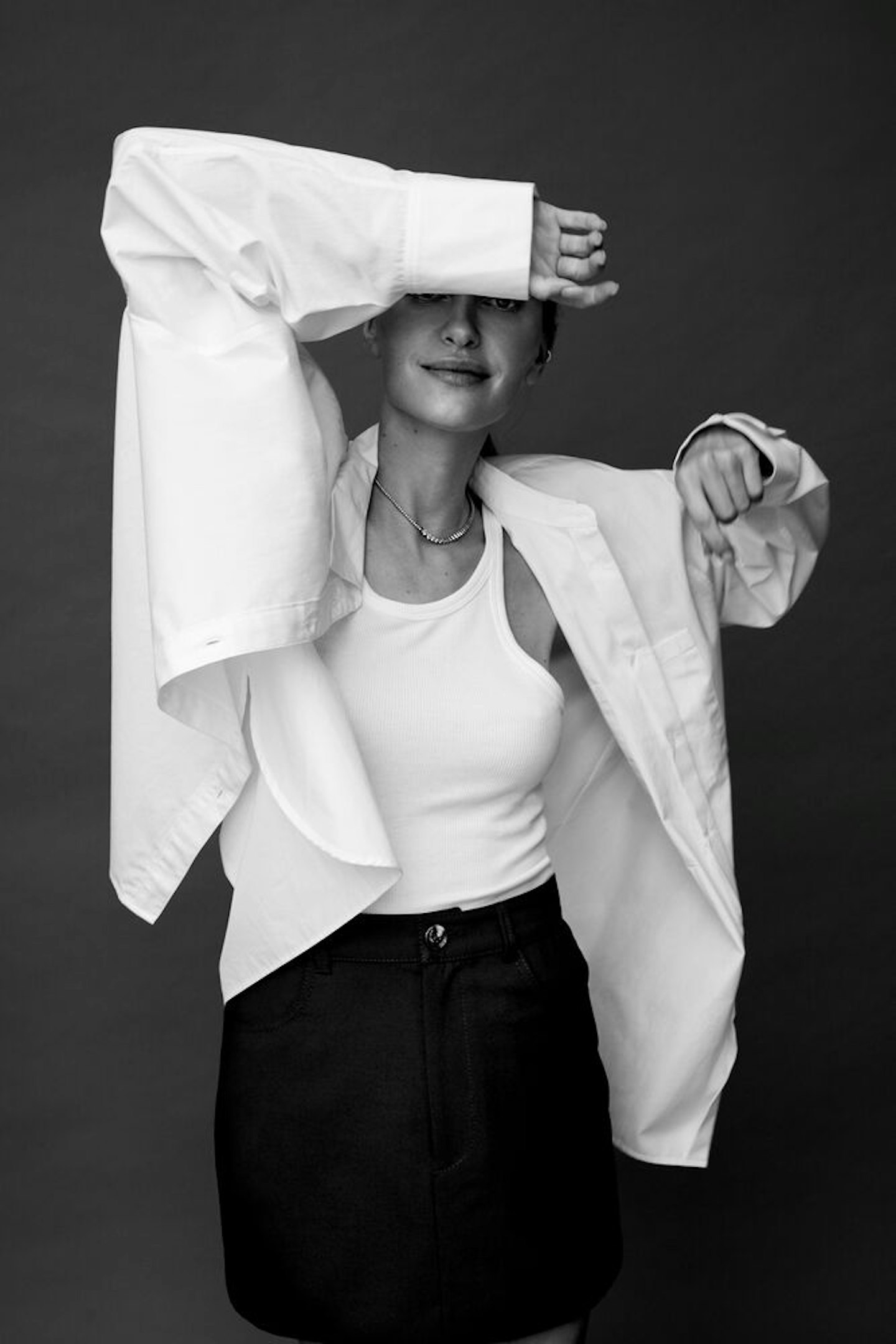 Pernille Teisbaek wearing a white shirt from her collection with Mango