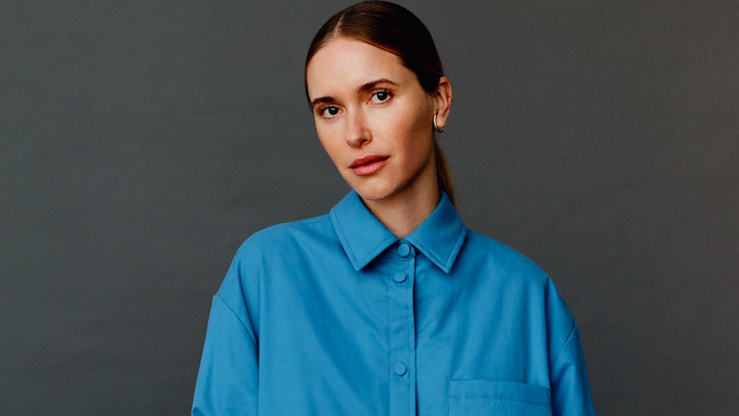 Pernille Teisbaek wearing a blue shirt from Mango 