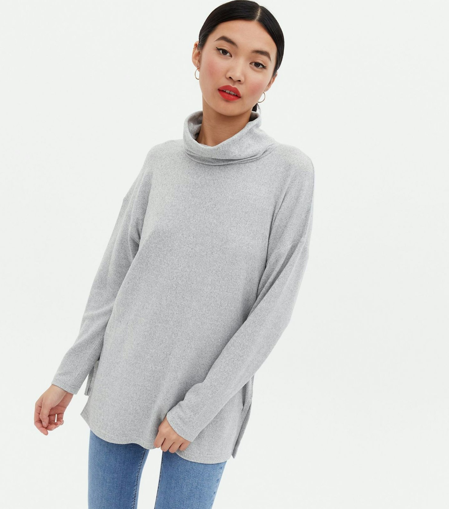 Pale Grey Fine Knit Long Roll Neck Jumper