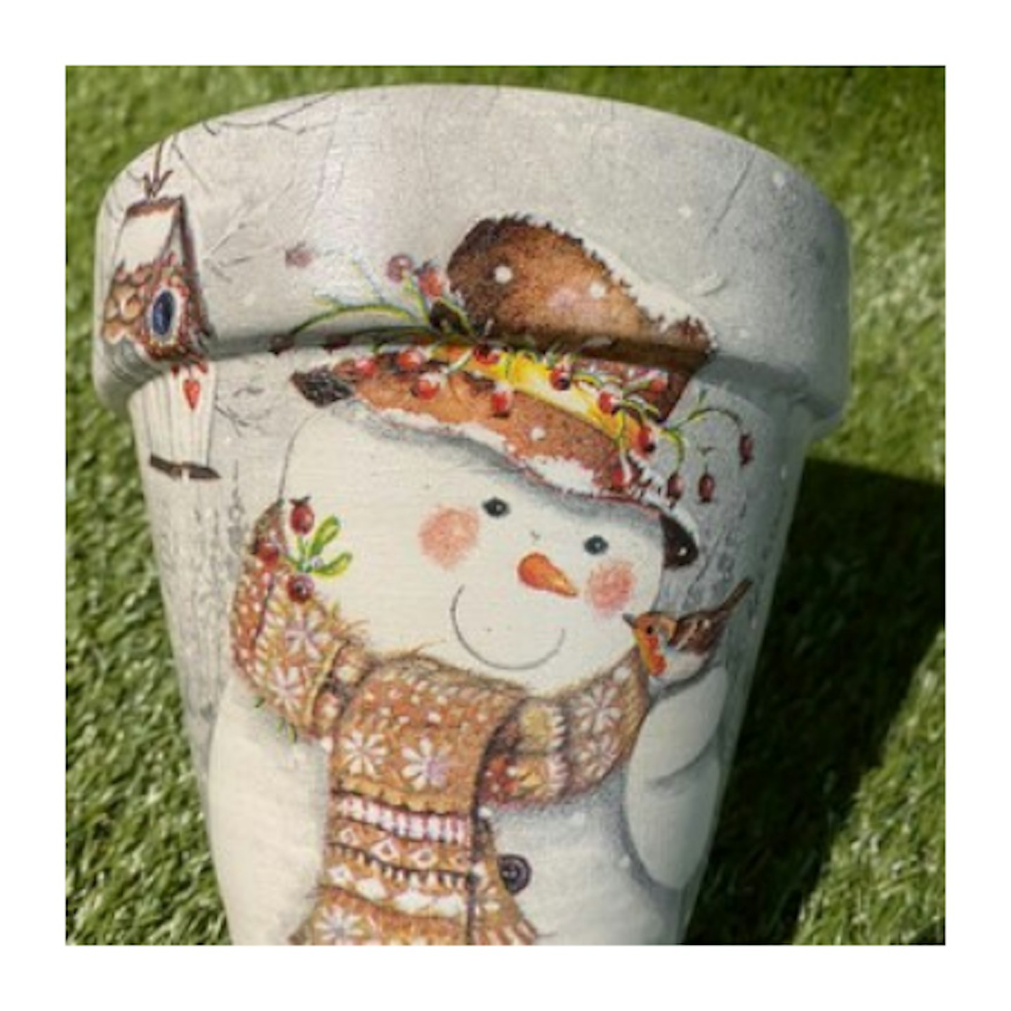 Snowman and robin plant pot, 15cm terracotta decoupaged plant pot