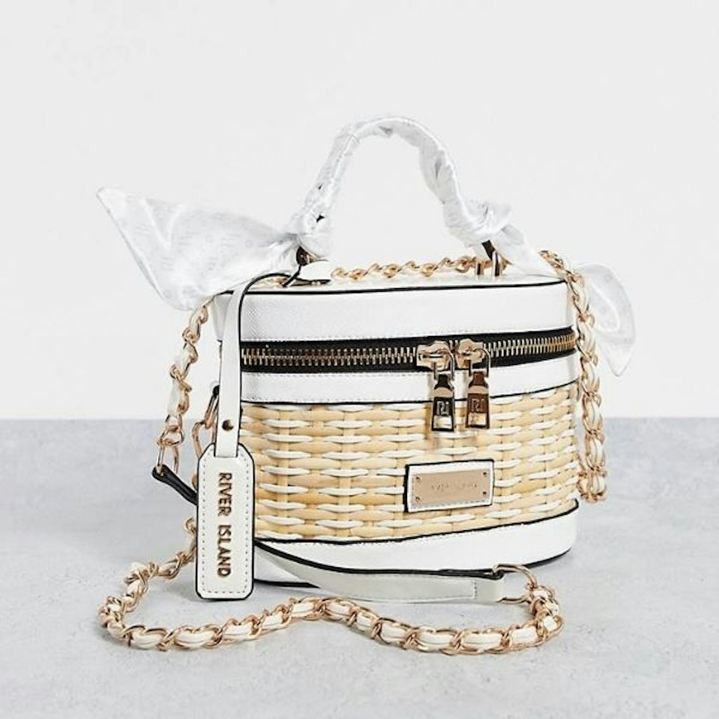 River Island wicker vanity makeup bag in white