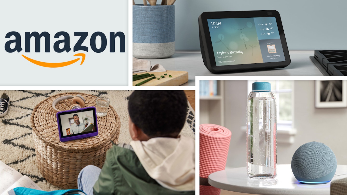 Collage of Amazon devices, including Echo Dot and Echo Show 8