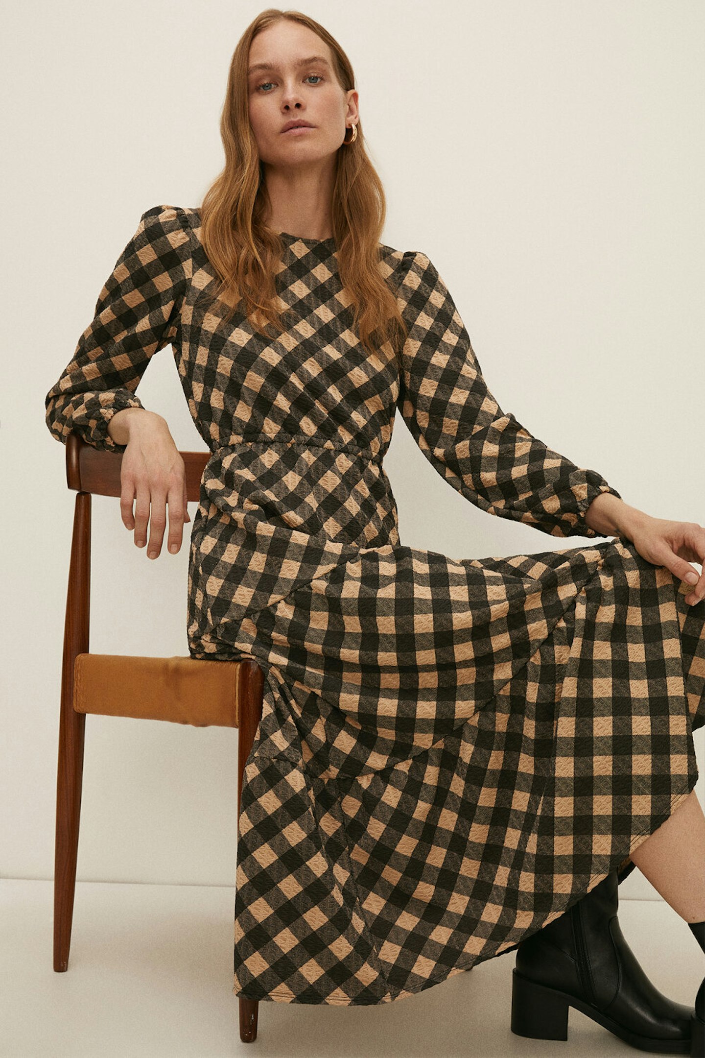 Oasis, Printed Check Textured Tiered Midi Dress, £47.20