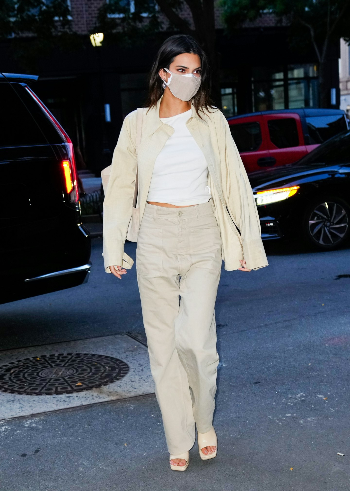 Kendall Jenner wearing cream cargo pants