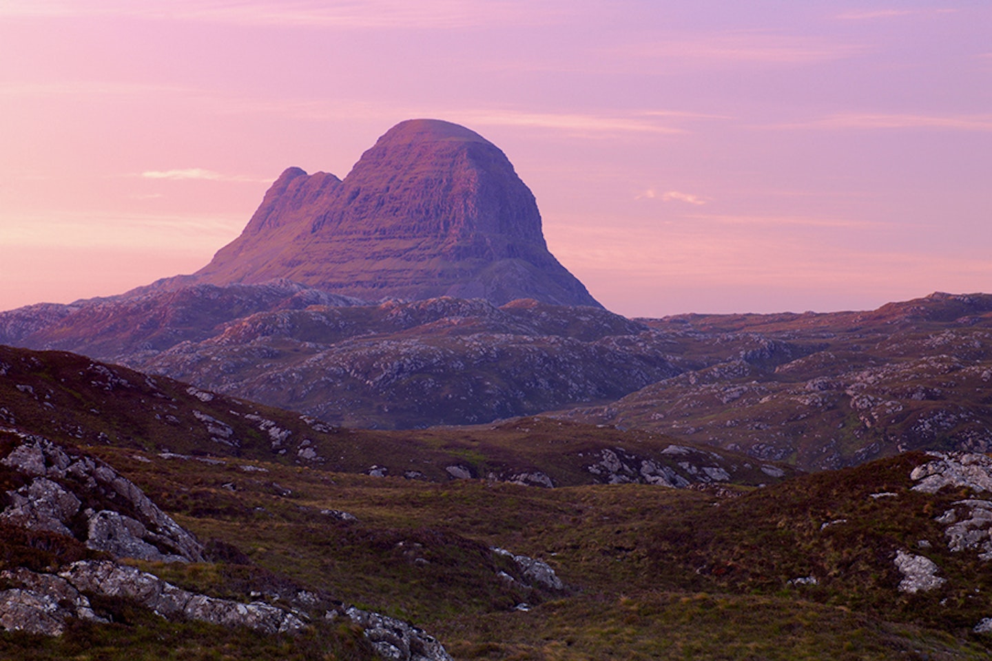 The awesome profile  of Suilven at sunrise, viewed from near the village of Lochinver.