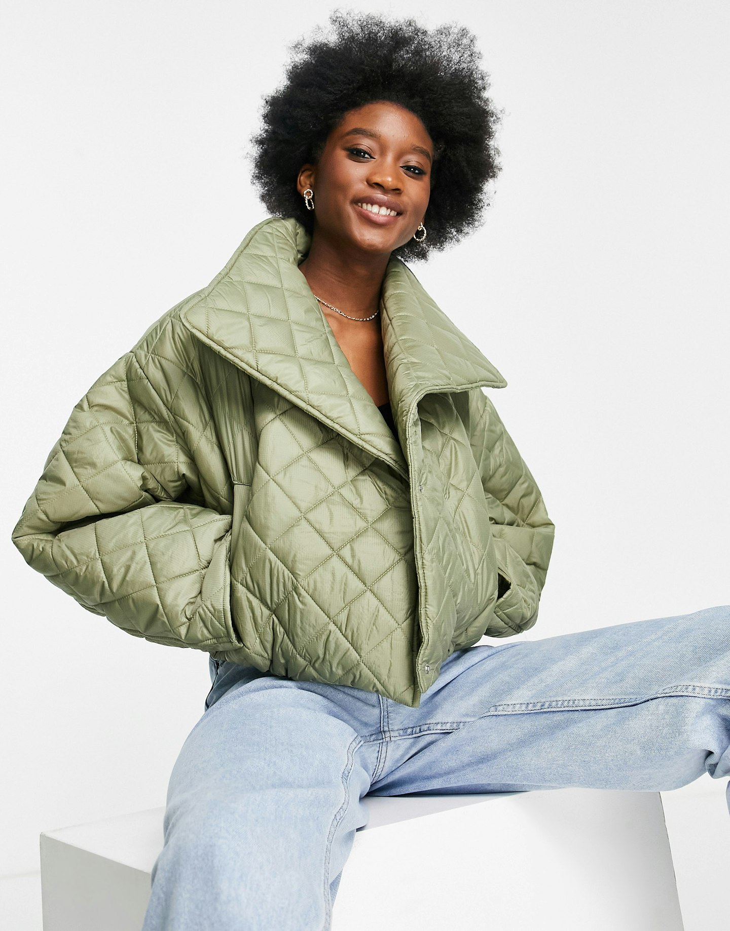 ASOS DESIGN quilted cropped jacket in khaki ASOS DESIGN quilted cropped jacket in khaki