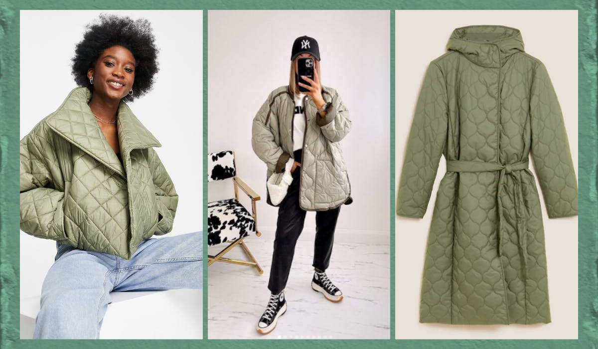 green quilted long coat