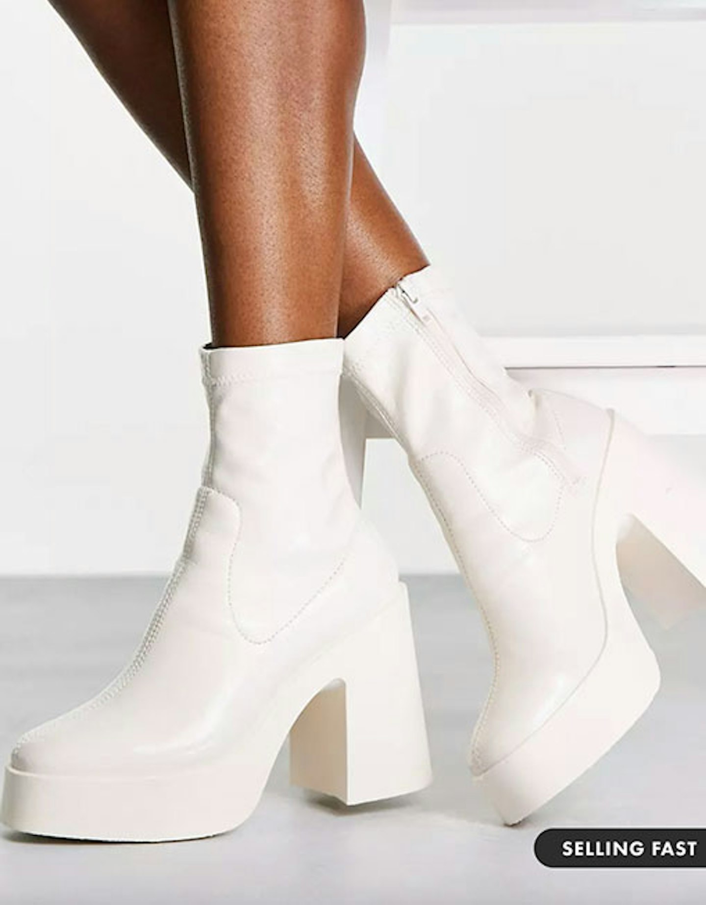 ASOS DESIGN Elsie High Heeled Sock Boots in White Patent