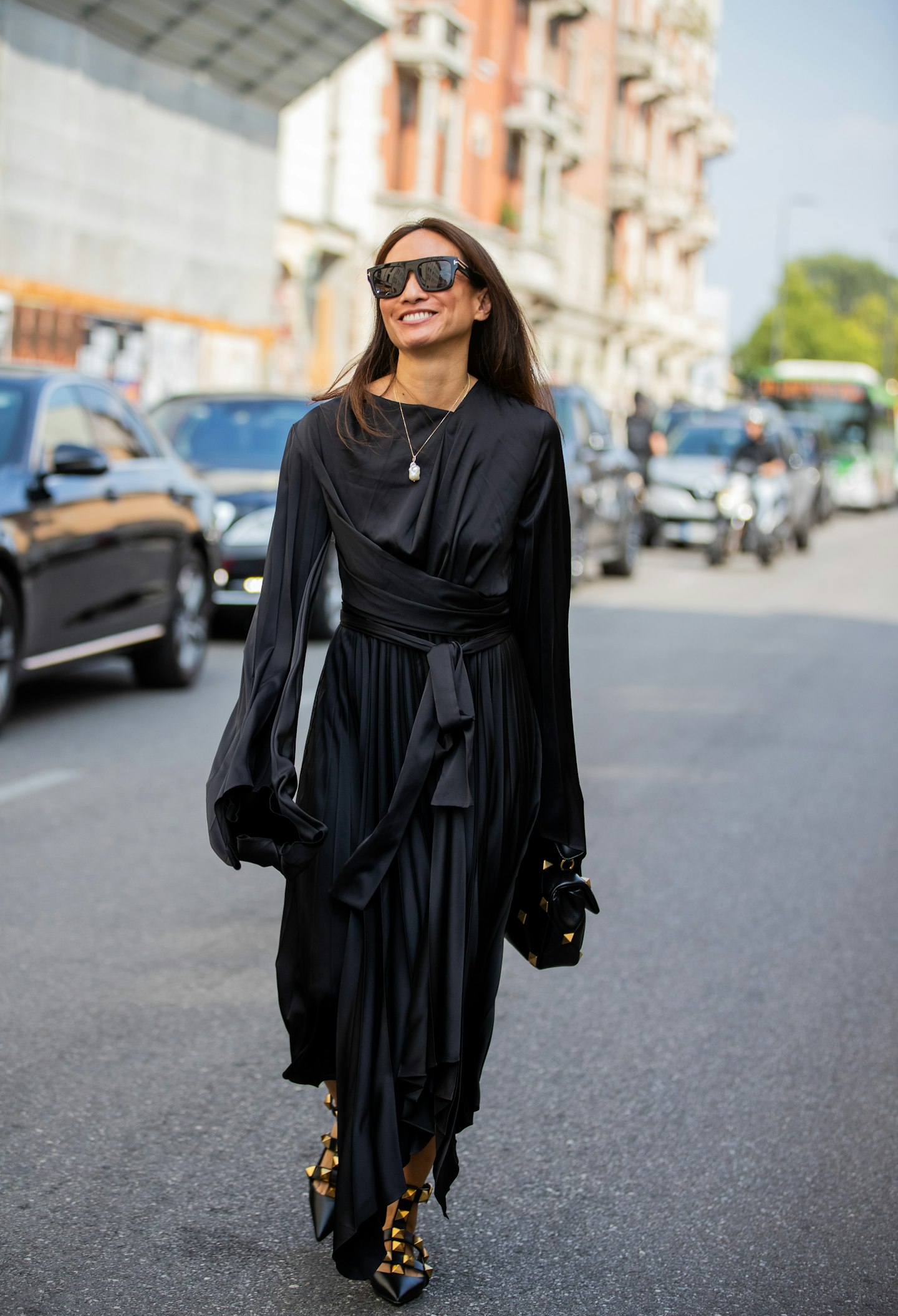 woman wearing black silk dress