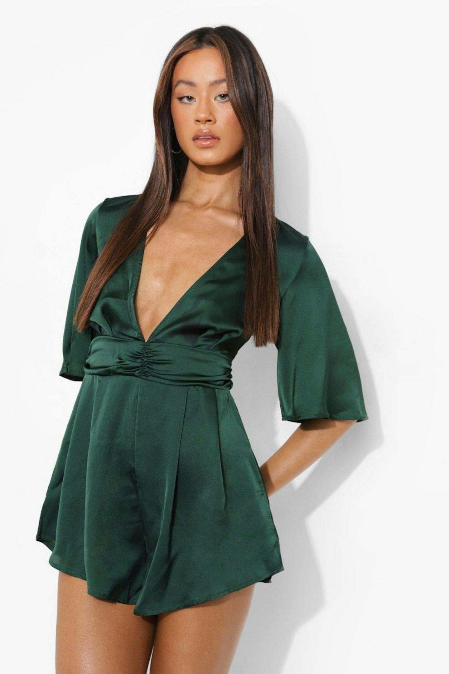 Green-Tall-Satin-Plunge-Skort-Playsuit-love-quinn-you-season-3-playsuit-vineyard