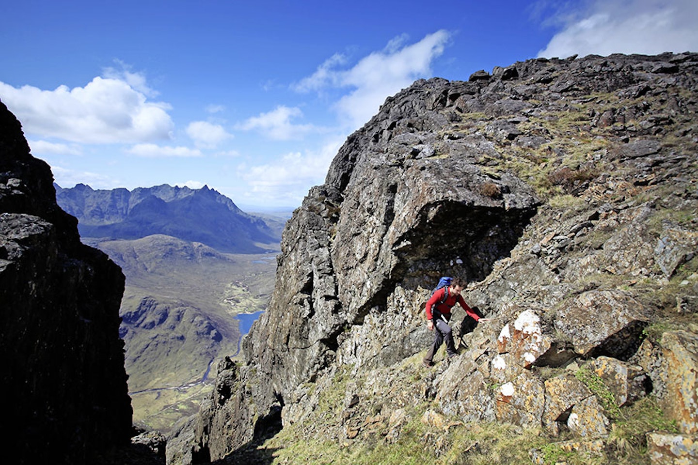 Near the summit of Bla Bheinn, with the awesome sweep of the Black Cuillin ridge rising beyond Glen Sligachan.