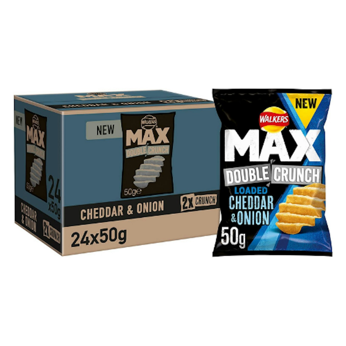 Walkers Max Double Crunch Loaded Cheddar and Onion Crisps, 50g (Case of 24)