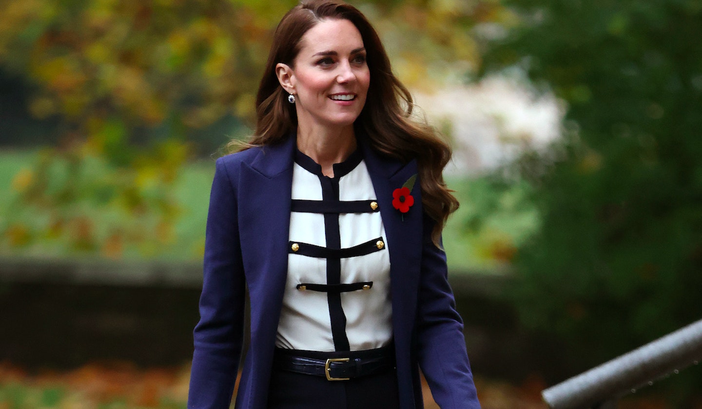 Kate Middleton Wears Gucci Lilac Blouse and Black Trousers to