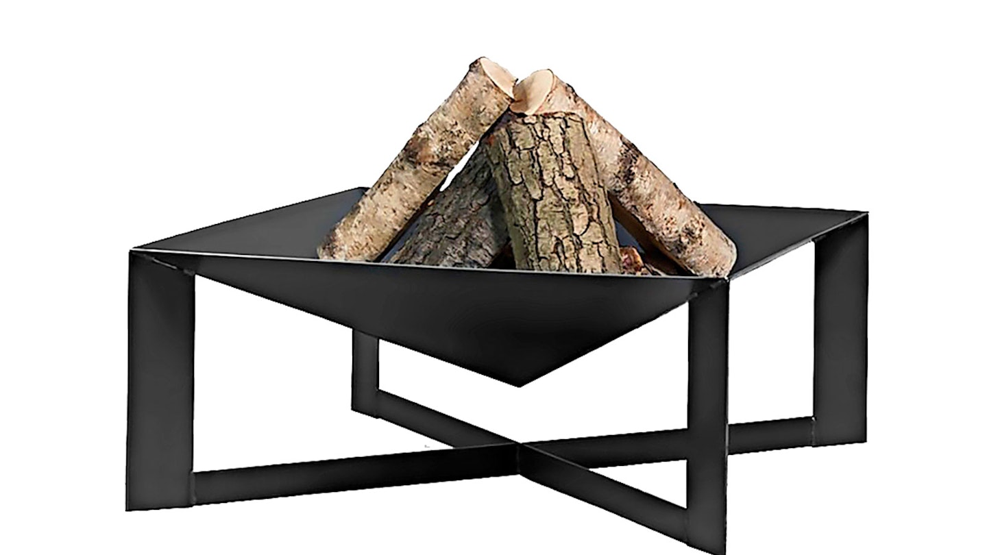 square fire pit with criss cross legs full of logs