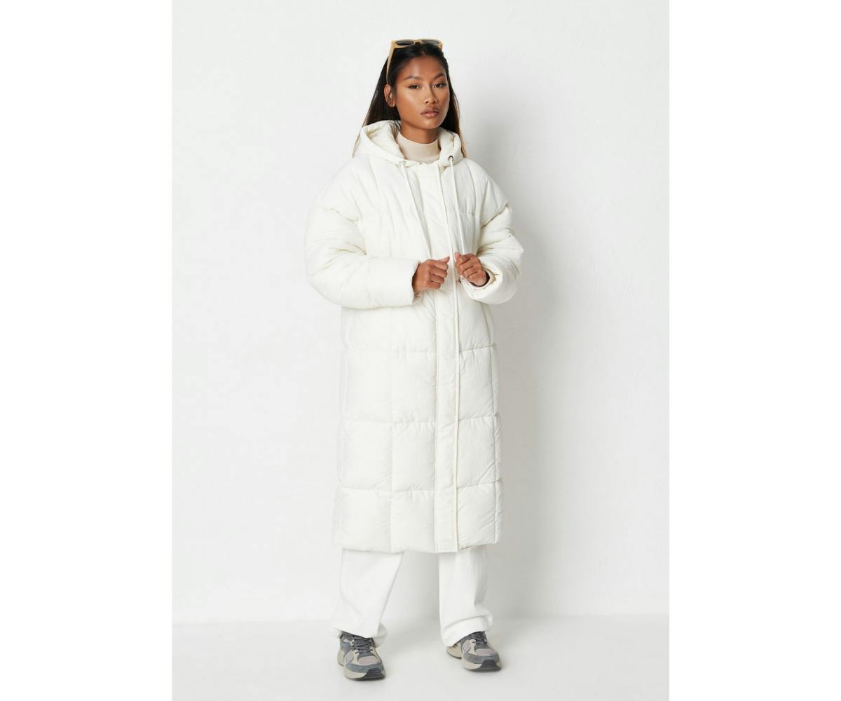 blue vertical seamed longline puffer coat