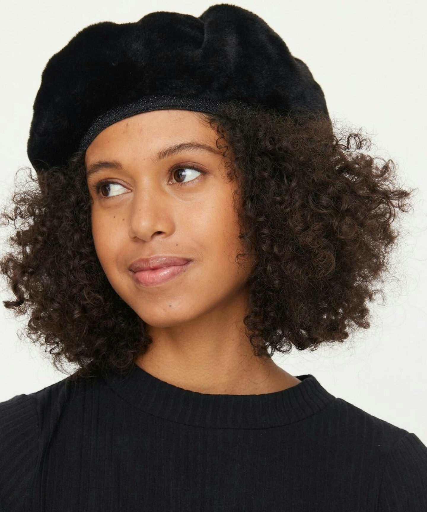 Oliver Bonas Women Faux Fur & Sparkle Trim Black Beret Hat