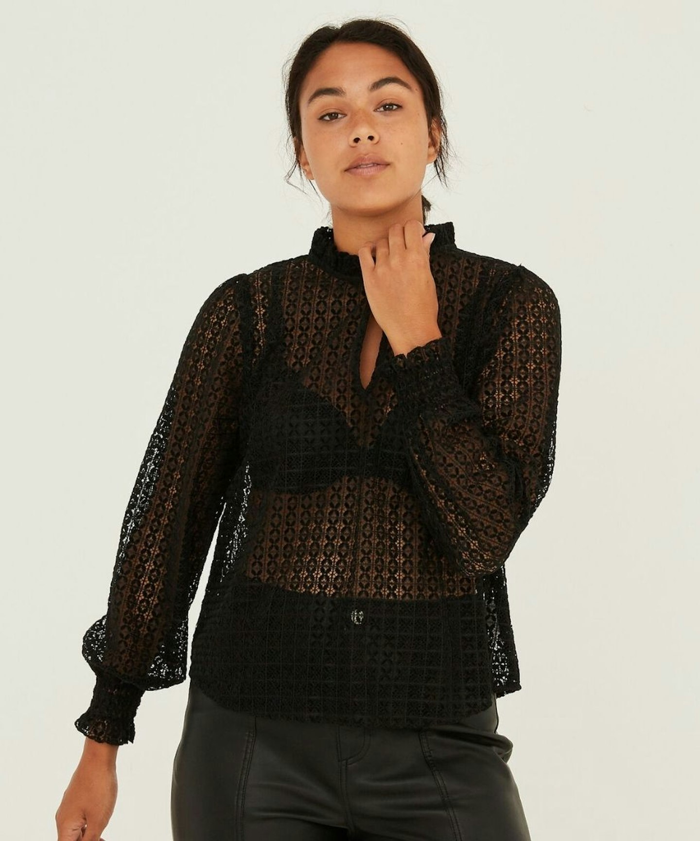 Oliver Bonas Lace & Frill Neck Black Blouse