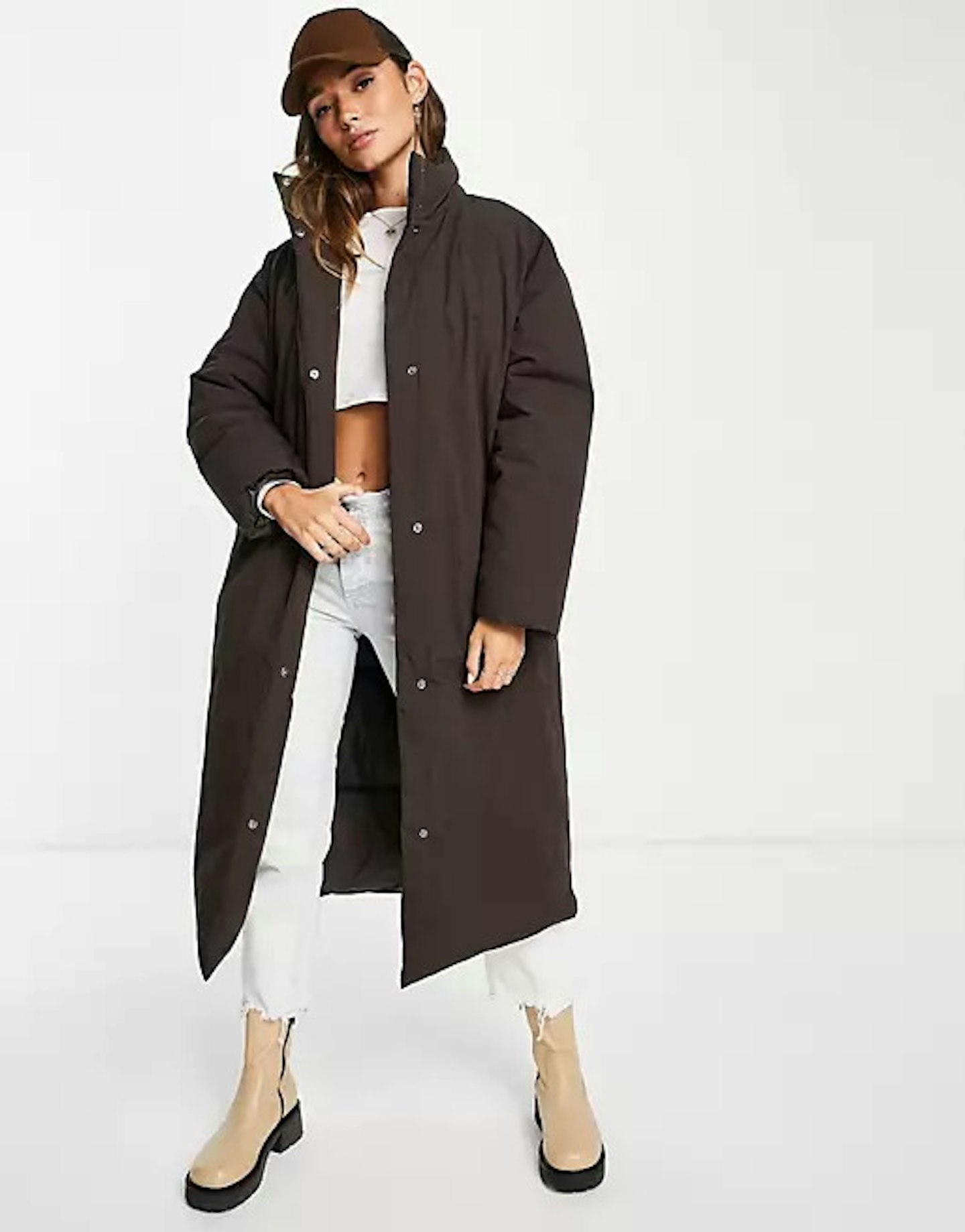 ASOS Design, oversized maxi puffer jacket in brown, WAS £75 NOW £60