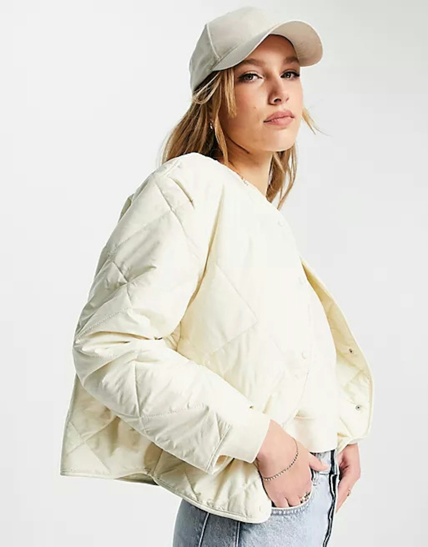 Mango, diamond quilted puffer jacket in cream, WAS £49.99 NOW £39.95