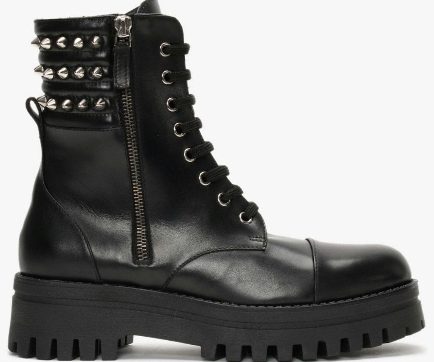 Fudder Black Leather Studded Collar Ankle Boots