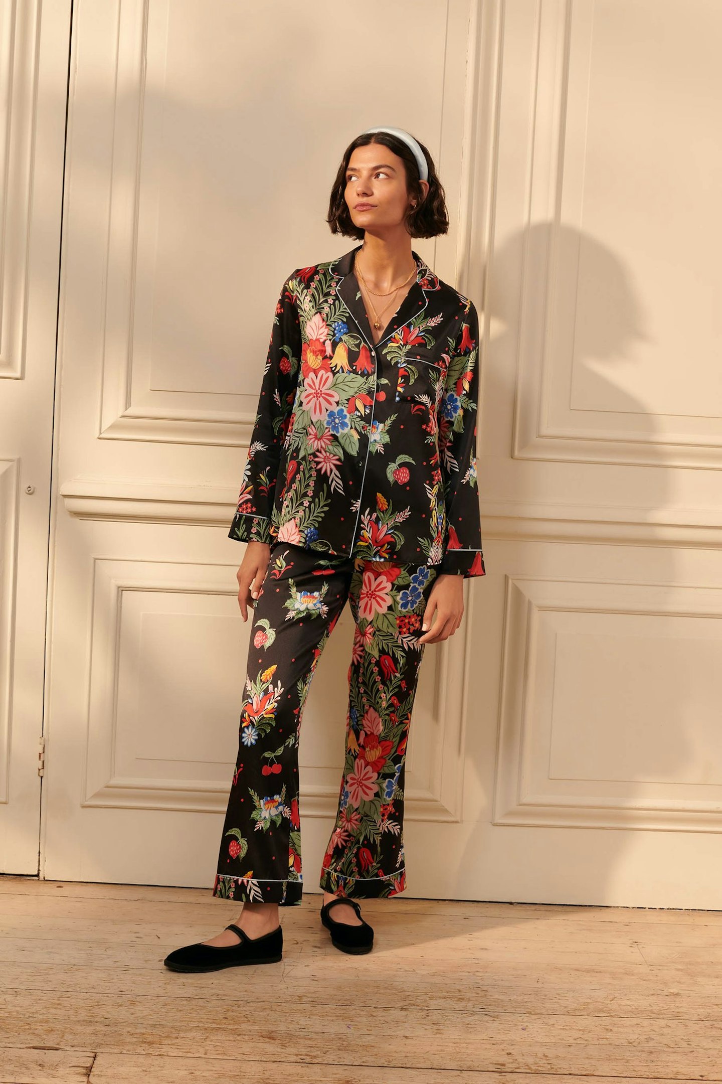 Yolke, Classic Silk Pyjama Set in Cherry Floral Black, £280