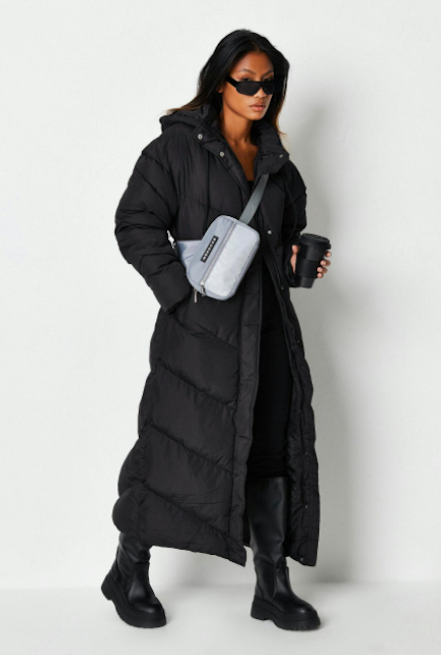 black chevron maxi puffer coat