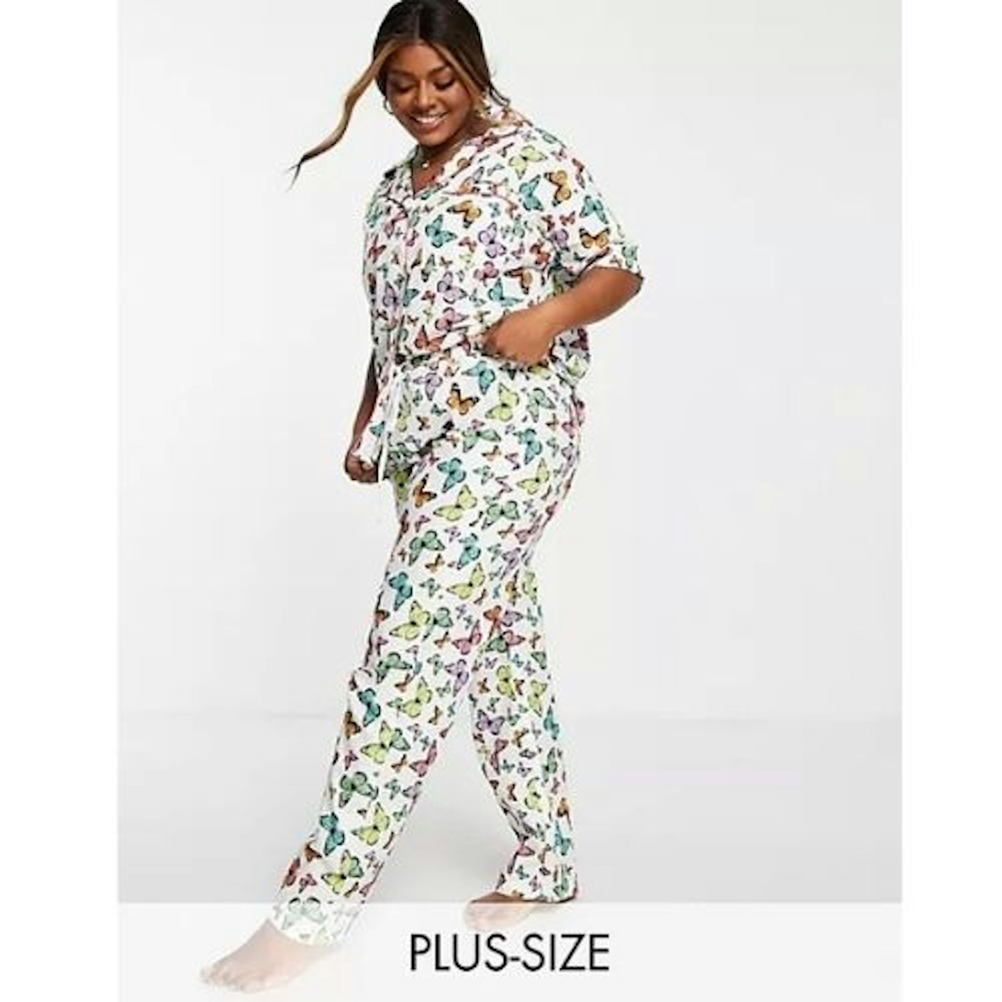 Daisy Street Plus short sleeve shirt and pyjama bottoms set with scrunchie in bright butterfly print