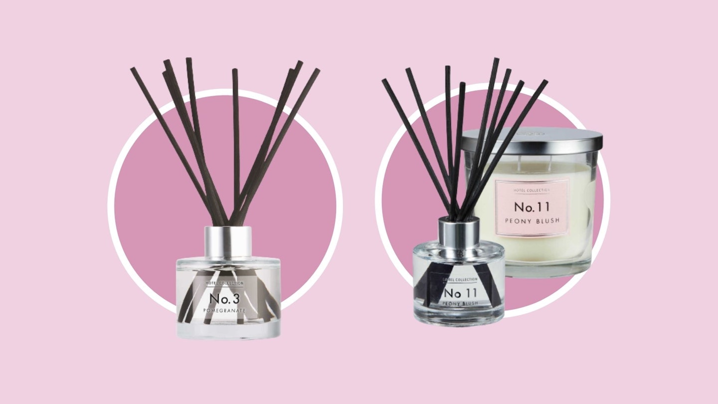Aldi Hotel Collection: Pomegranate Reed Diffuser and Peony Blush Candle & Diffuser Gift Set - on a pink background.