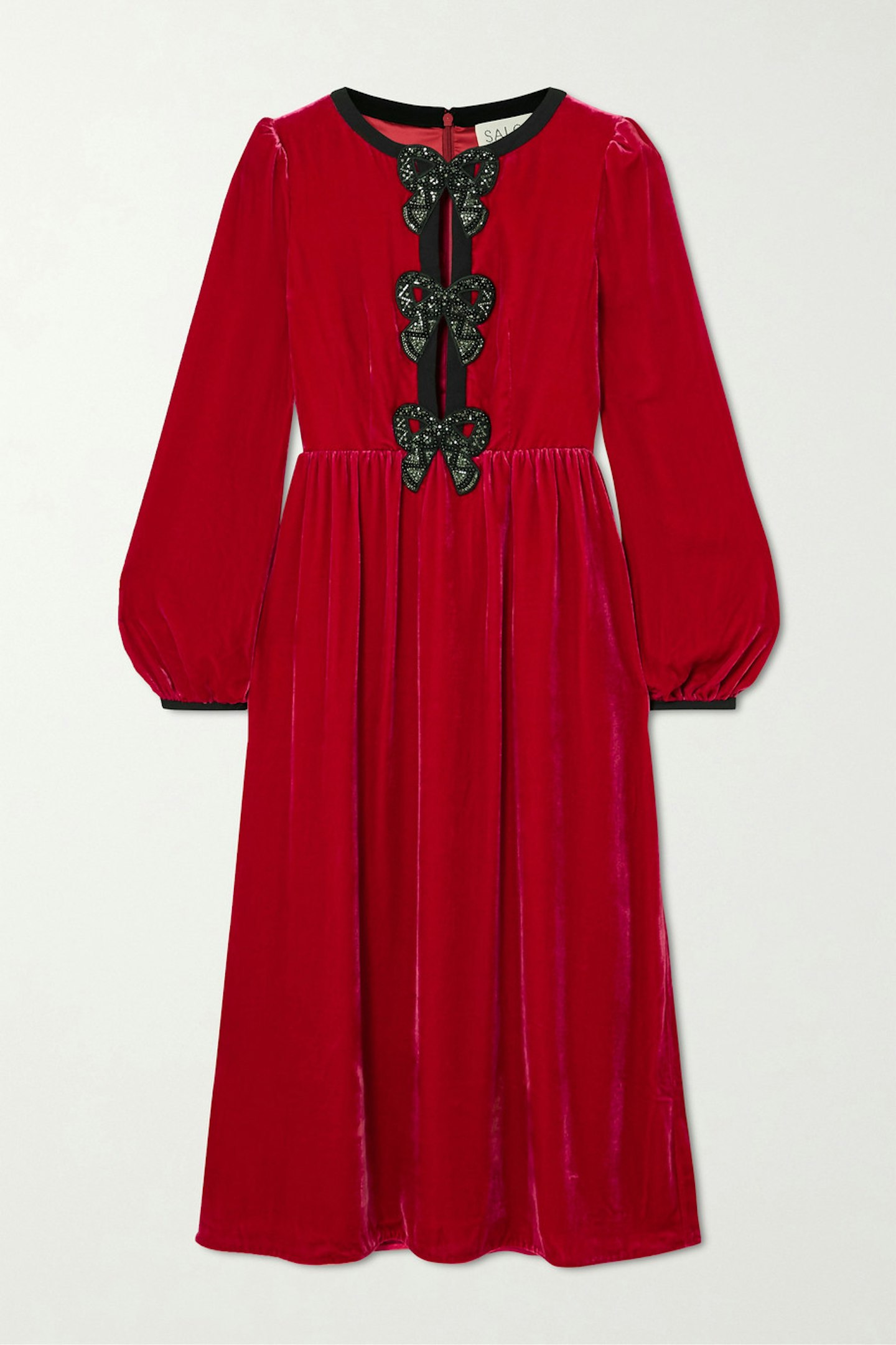 Saloni, Camille bow-embellished velvet midi dress, £695