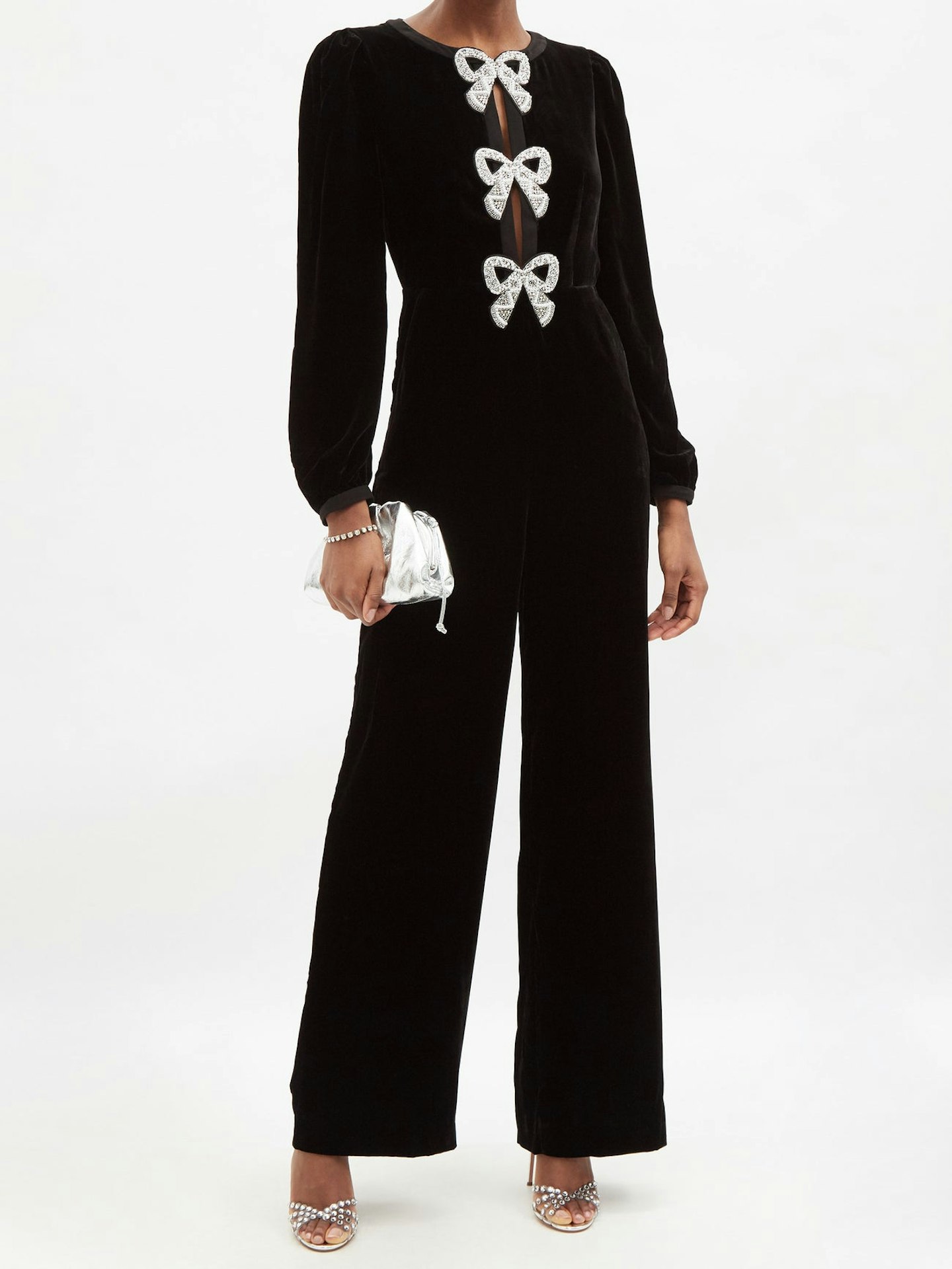 Saloni, Camille crystal-bow velvet jumpsuit, £750