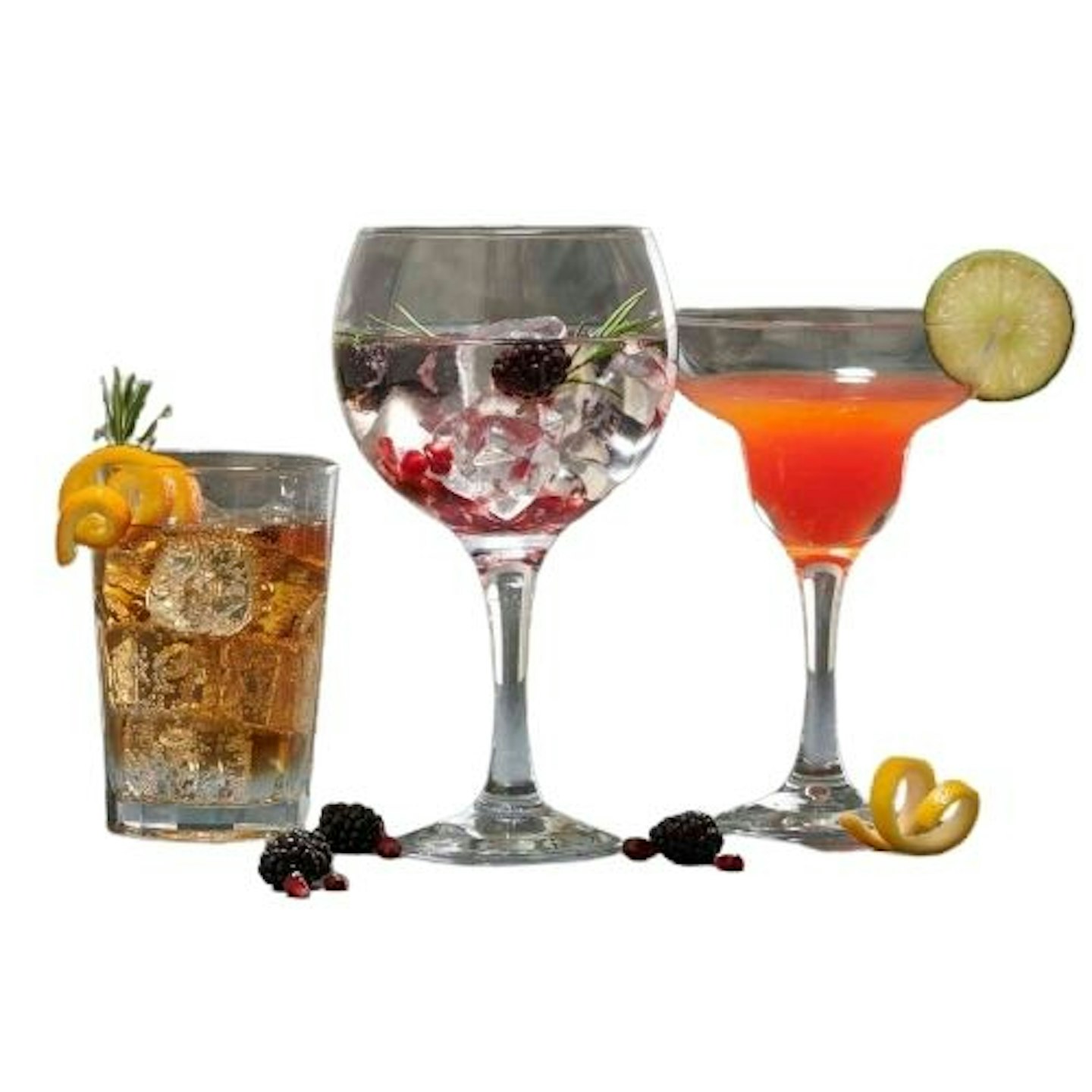Image: Three cocktail glasses, filled with drinks, ice and garnished with sliced fruit.