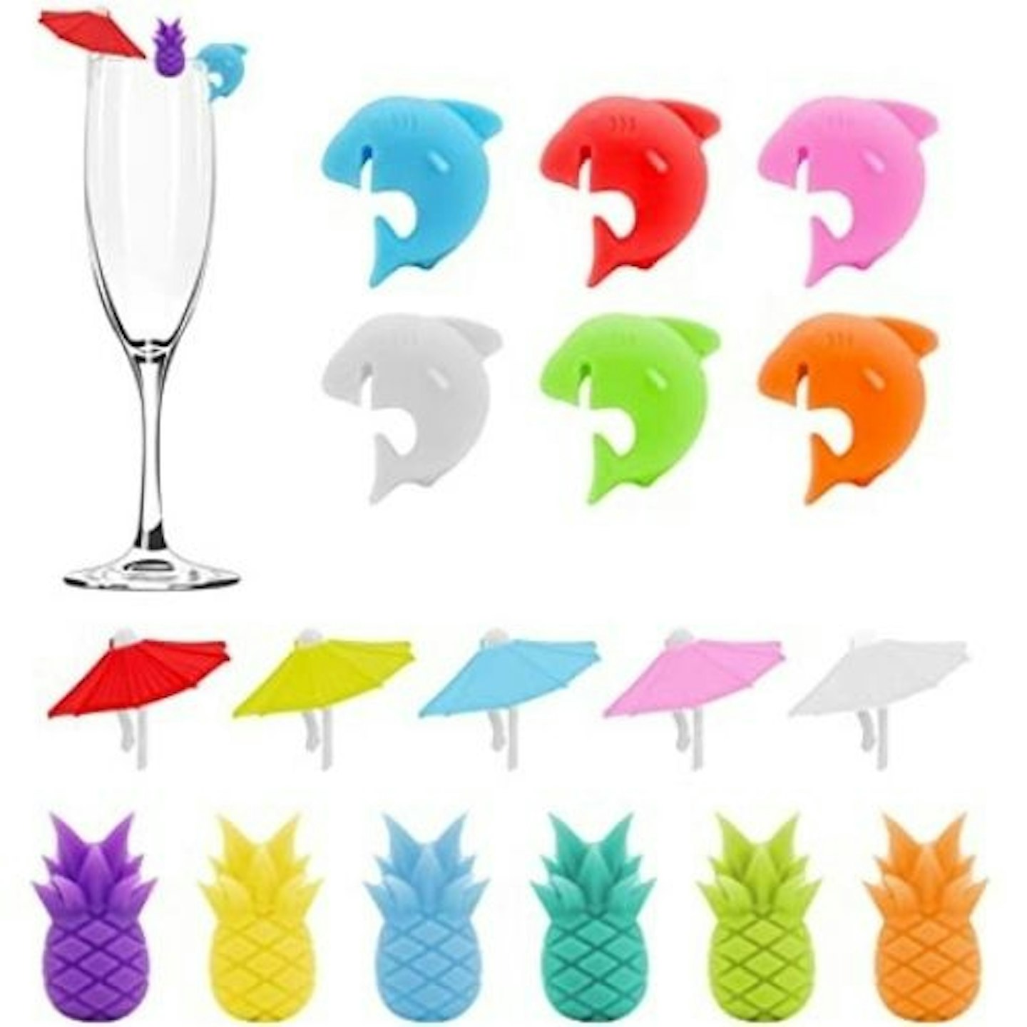 Several drink markers, colourful designs including pineapples and dolphins.