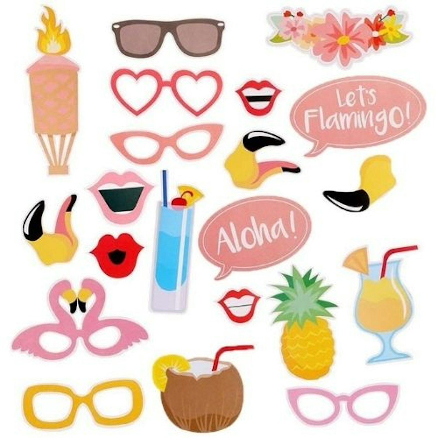 Photo Booth Props, with coconut drinks, glasses and signs that say 'Aloha'.