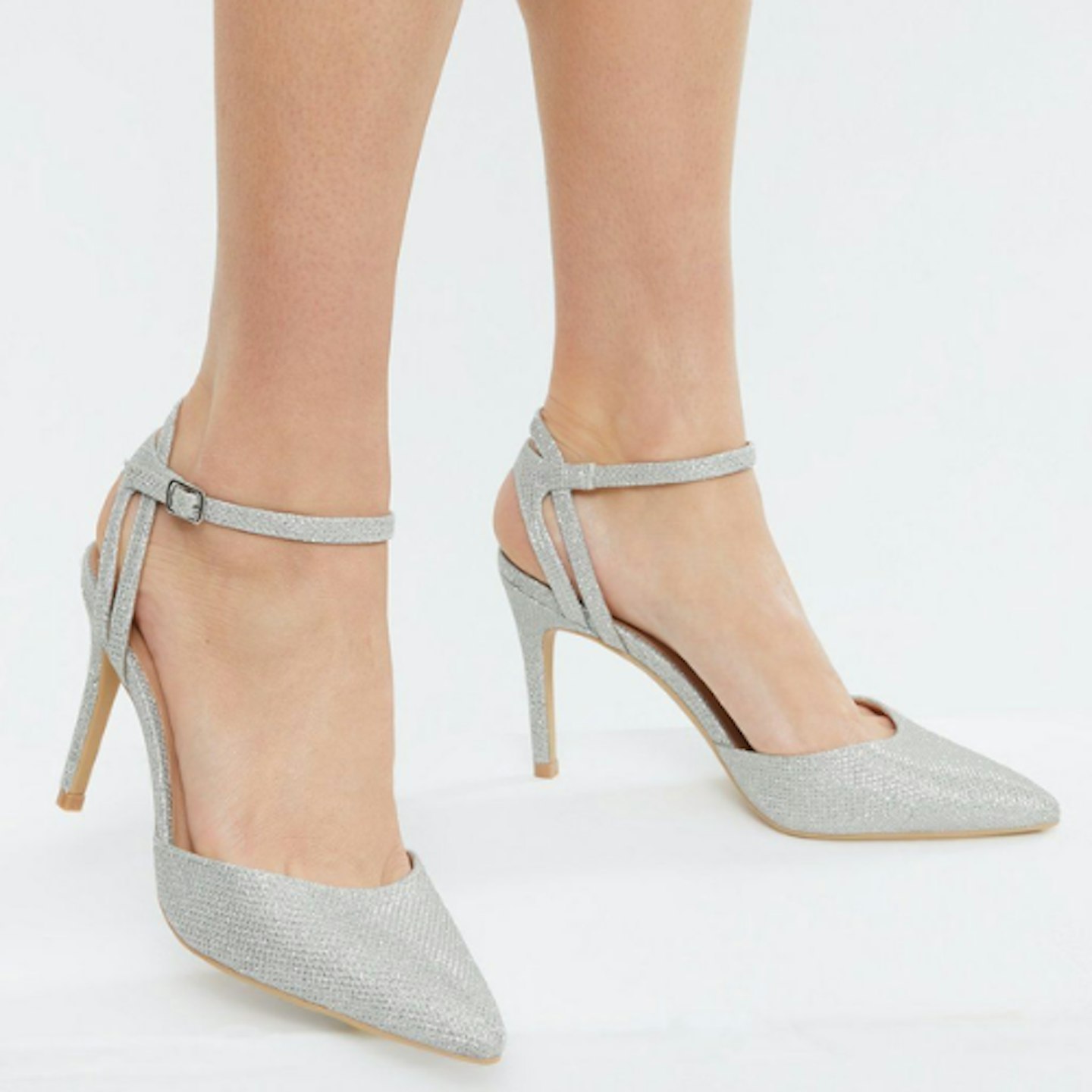 Silver Glitter Strappy Stiletto Court Shoes