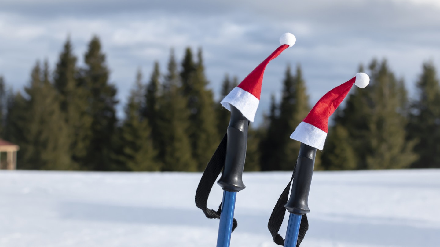 Santa hats on ski poles