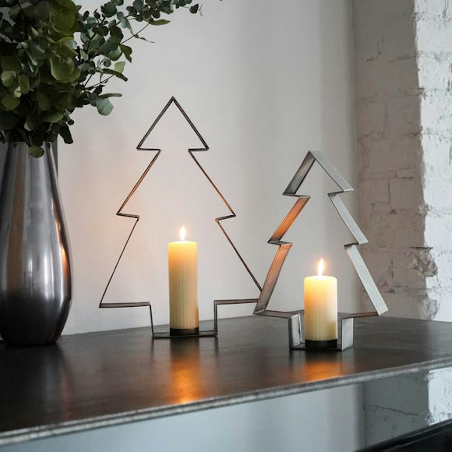 Set of 2 Metal Pewter Christmas Tree Candle Holders