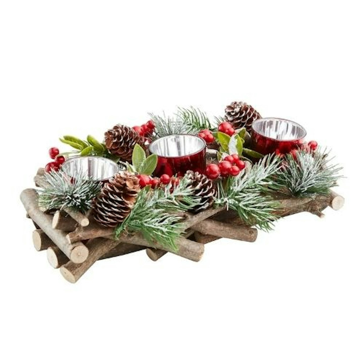 Red Berry and Willow Tabletop 3 Christmas Candle Holder