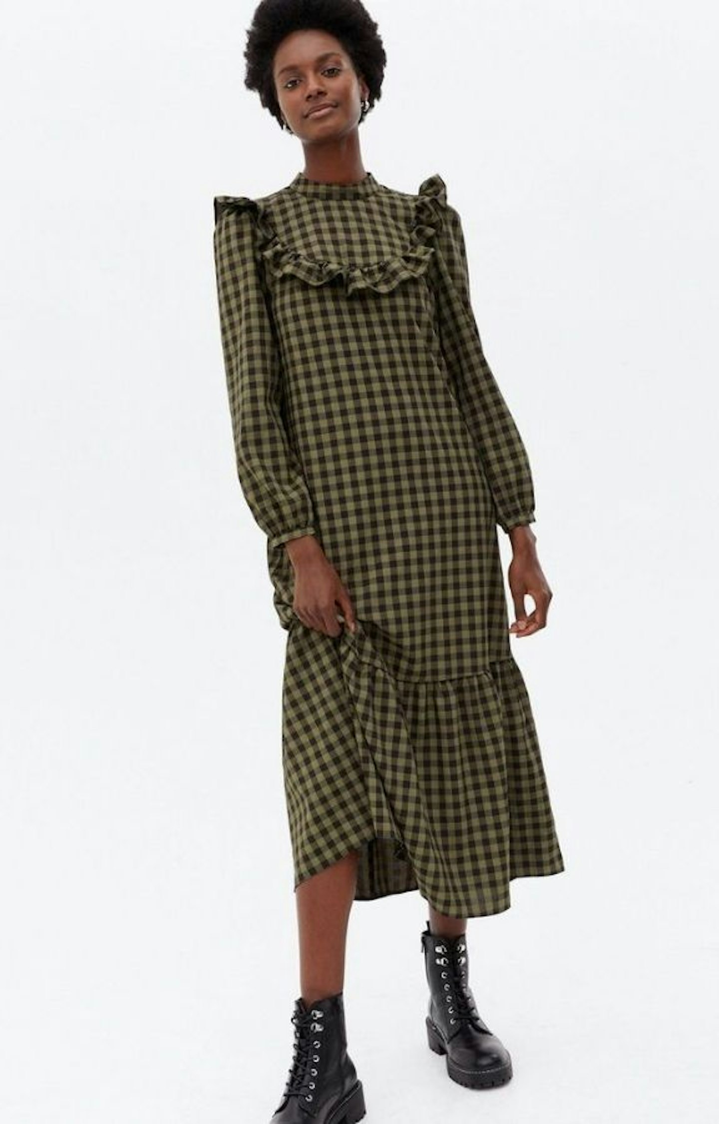 Green Gingham Frill Yoke High Neck Midi Oversized Smock Dress