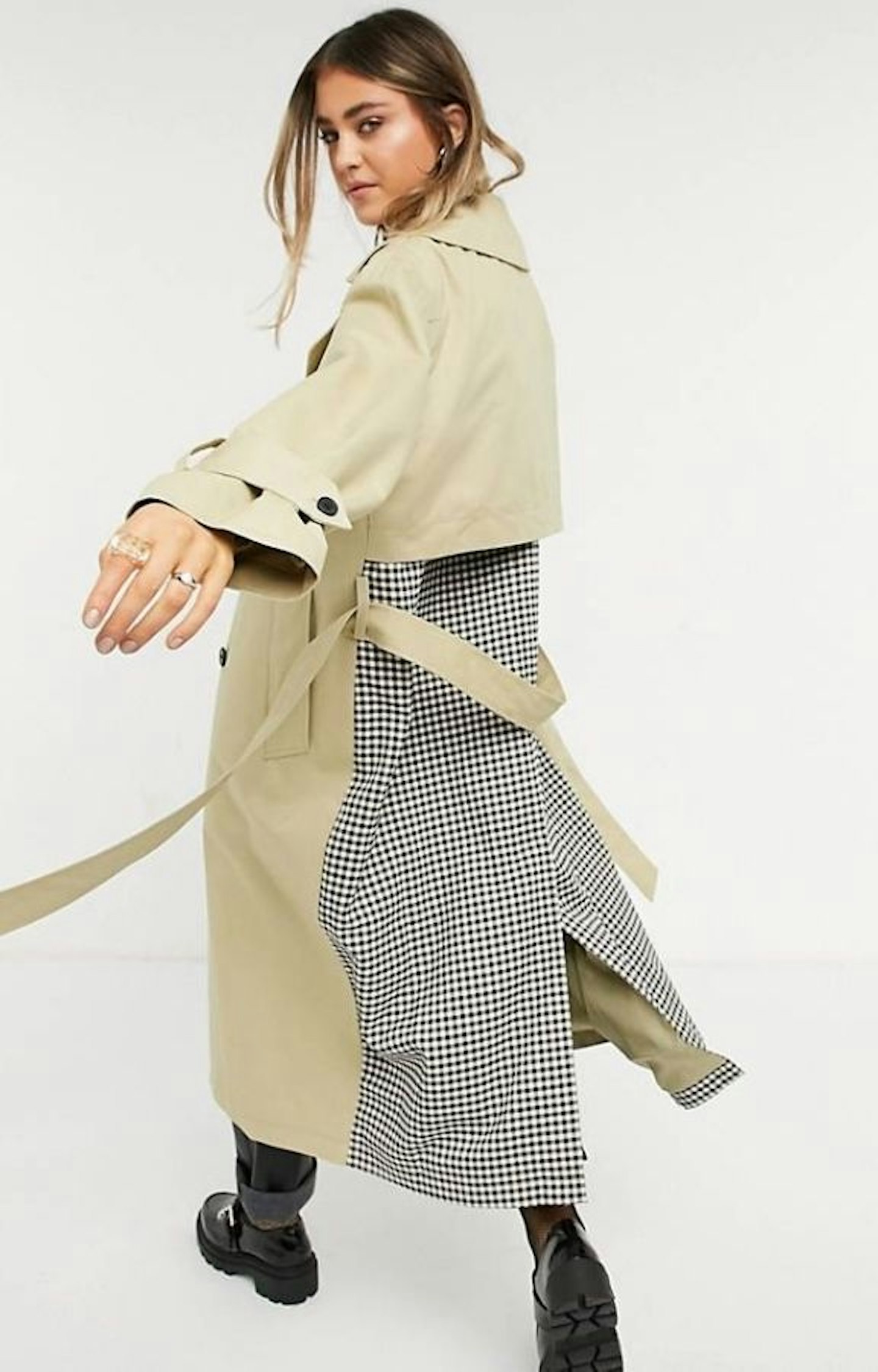 ASOS DESIGN check spliced oversized trench coat in stone