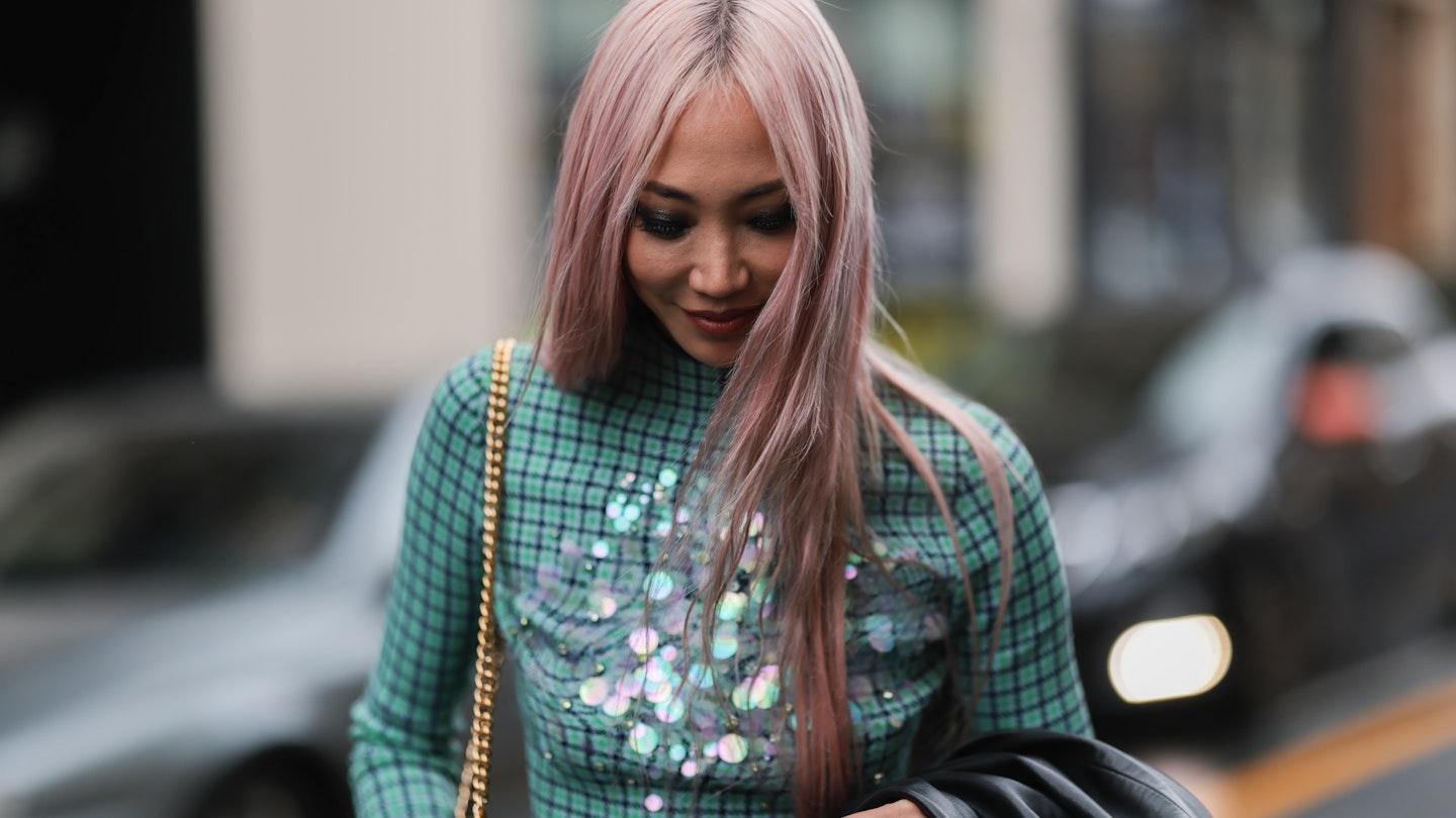 Soo Joo Park wearing a sequinned polo neck