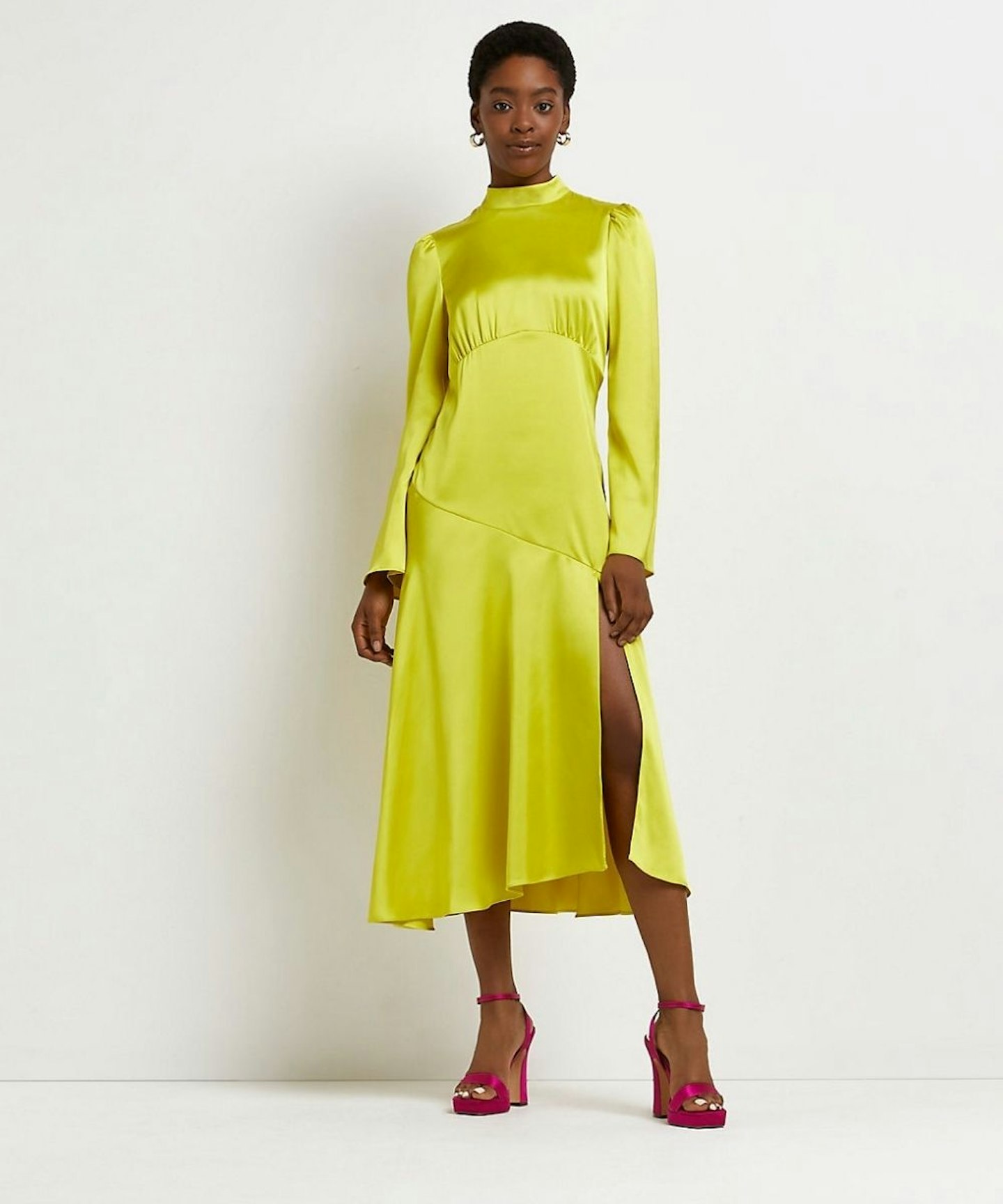River Island Yellow Satin Asymmetric Midi Dress